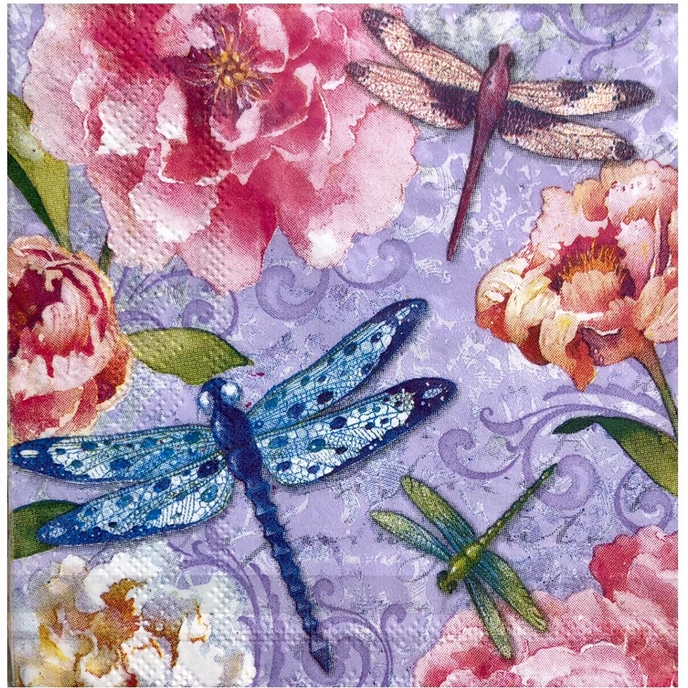 Two (2) Individual Floral and Dragonfly Decoupage Luncheon Size Napkins $FIRM